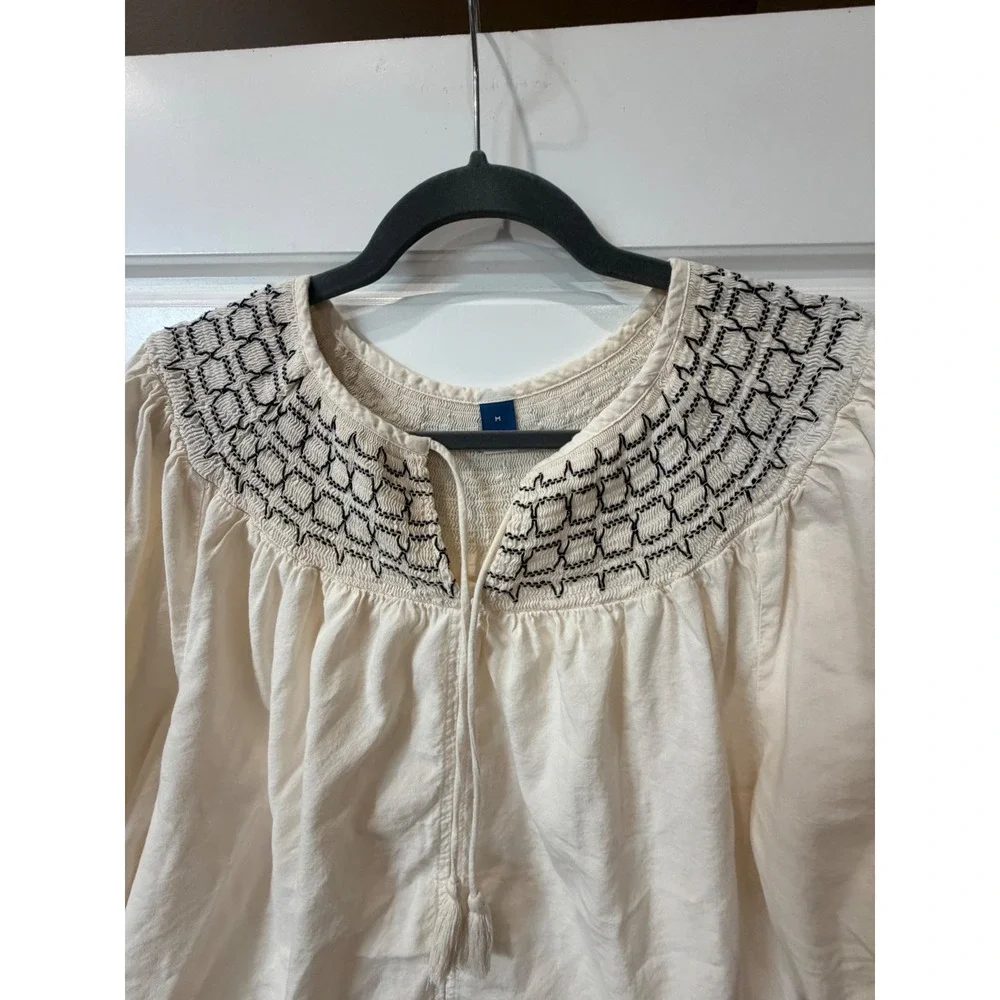 Old Navy Cream Embroidered Blouse Tie Neck Top Medium Coastal Boho Peasant